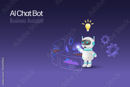 AI chat bot analyzing business graph report and generate smart solution. Artificial Intelligence robot technology acts as business assistant in decision making and problem solving. 3D vector.