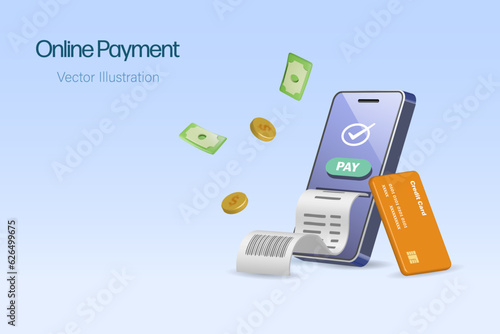 Online payment, digital banking concept. Smartphone with success transaction in credit card payment and billing receipt on mobile touch screen. 3D vector.