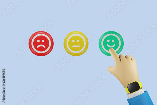 Businessman hand rate customer satisfaction with satisfied rating. Feedback survey, customer service evaluation and excellent rating experience. 3D cartoon character vector.