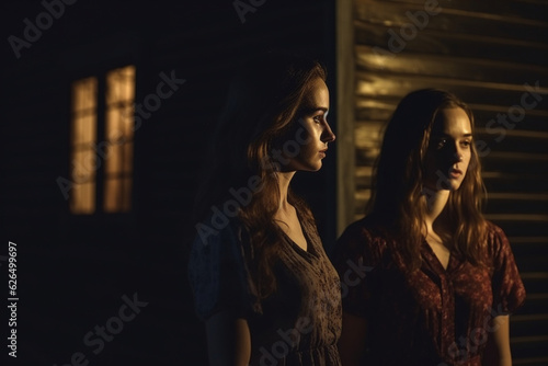 Side view of the Women staying near the dark house with warm light on the face, dark light photography