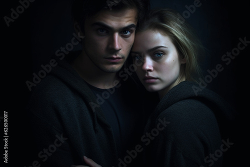 portrait of a sad young couple dark, light photography