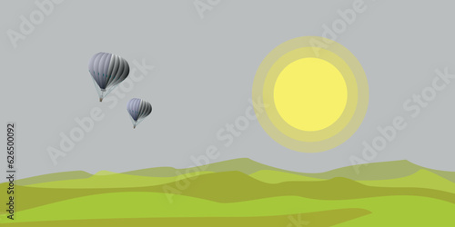 Hot air balloons flying in sky above field landscape. Vector cartoon illustration of beautiful sunrise on horizon.