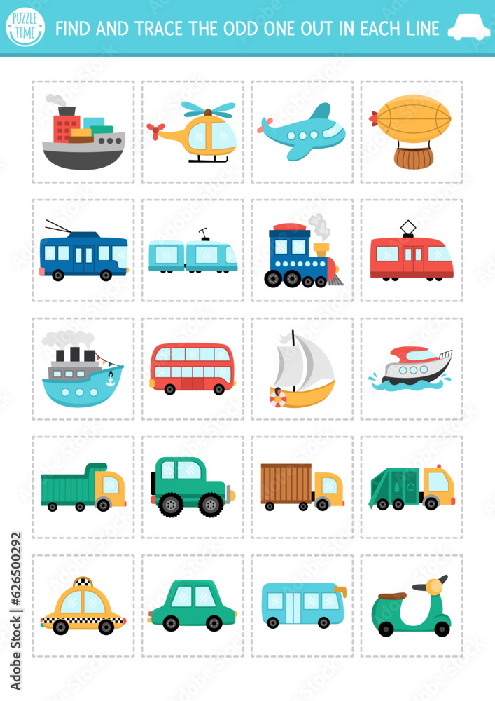 Find the odd one out. Transportation logical activity for kids. Water, air, land, public transport educational quiz worksheet for attention skills. Printable game with car, bus, train, truck. Find the odd one out. Transportation logical activity for kids. Water, air, land, public transport educational quiz worksheet for attention skills. Printable game with car, bus, train, truck.