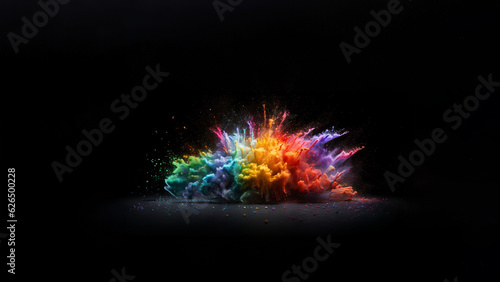 Bunte Explosion vieler Leuchtfarben und Elementen als Hintergrundmotiv, ai generativ