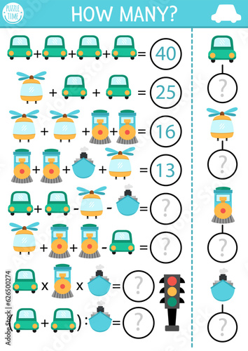 How many vehicles game, equation or rebus. Air, water, land transportation math activity for school children. Simple printable counting worksheet for kids with car, helicopter, train, ship.