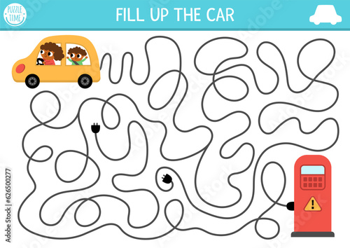 Transportation maze for kids with electric auto, driver, passenger. Ecological transport preschool printable activity. Labyrinth game or puzzle with eco concept. Fill up the electro car.