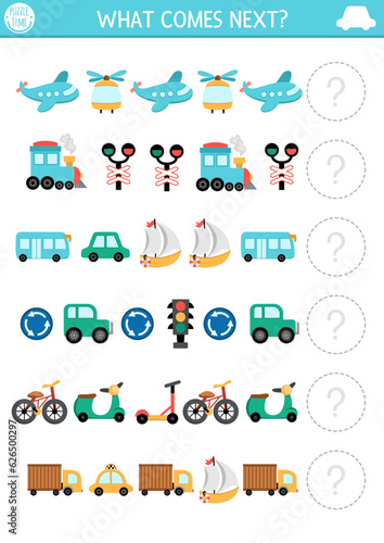 What comes next. Transportation matching activity for preschool children with plane, car, scooter, train, boat, bus. Air, water, land transport logical worksheet. Continue the row game.
