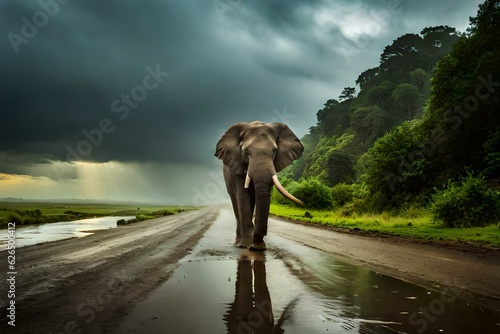 elephant walking in the rain