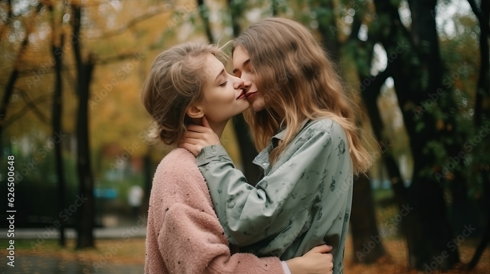
Young happy couple two girls in casual clothes, lesbians hug and kiss each other. Pride day in the month of June love LGBTQ concept. Generative AI