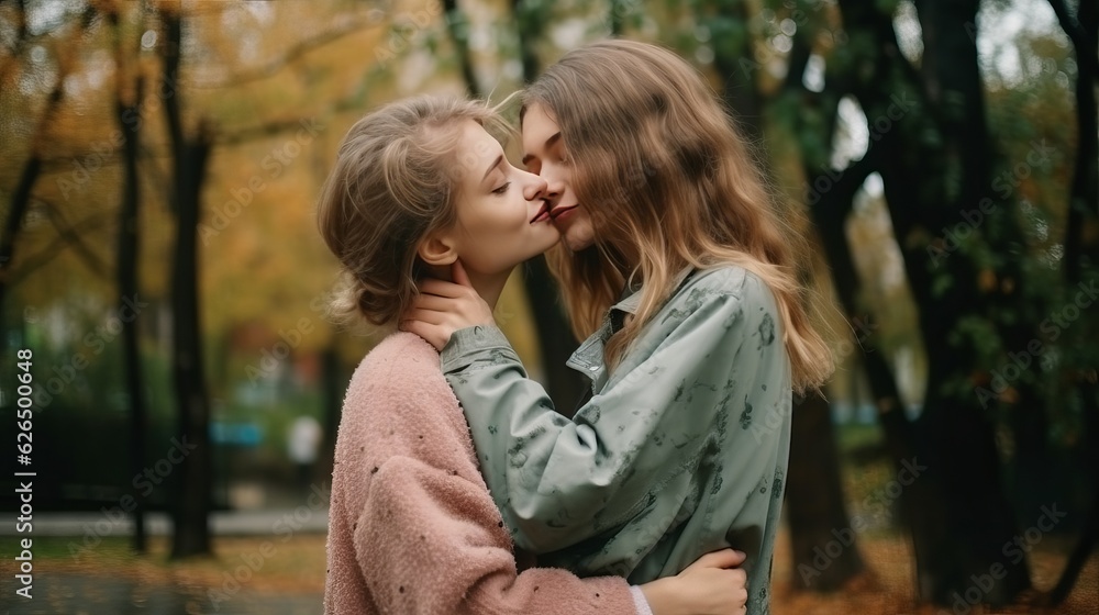 Fototapeta premium Young happy couple two girls in casual clothes, lesbians hug and kiss each other. Pride day in the month of June love LGBTQ concept. Generative AI