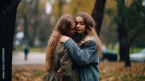  Young happy couple two girls in casual clothes, lesbians hug and kiss each other. Pride day in the month of June love LGBTQ concept. Generative AI