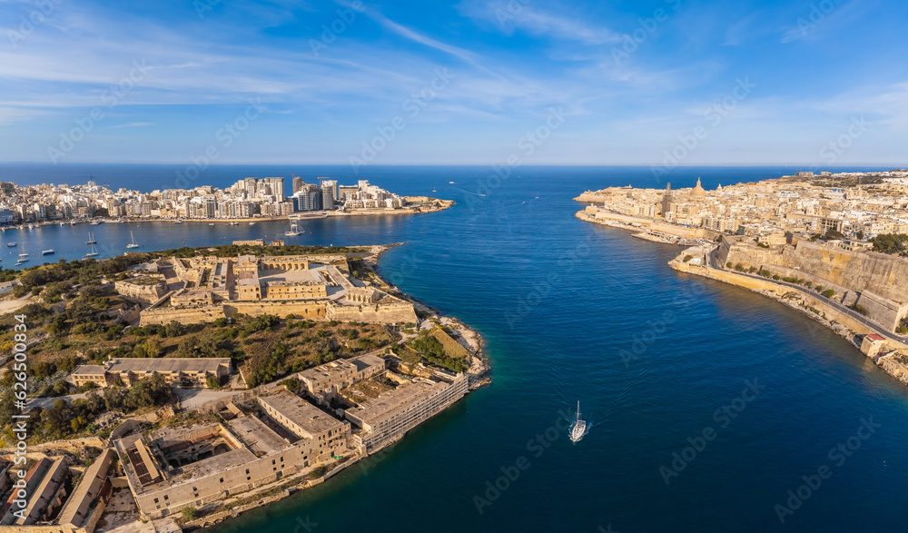 View of Valletta, Malta island, Europe. Old city and Mediterranean sea