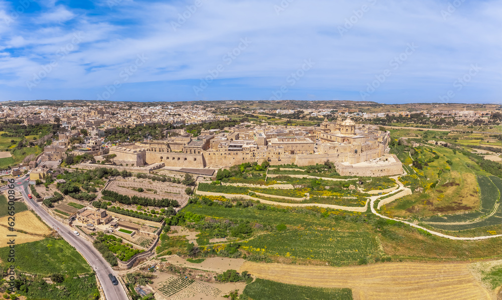 Drone view of Mdina old town and castle, Malta, Europe. Sunny summer