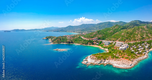 Fototapeta Naklejka Na Ścianę i Meble -  Aerial view of sand beach and blue water near Kavala, Greece, Europe