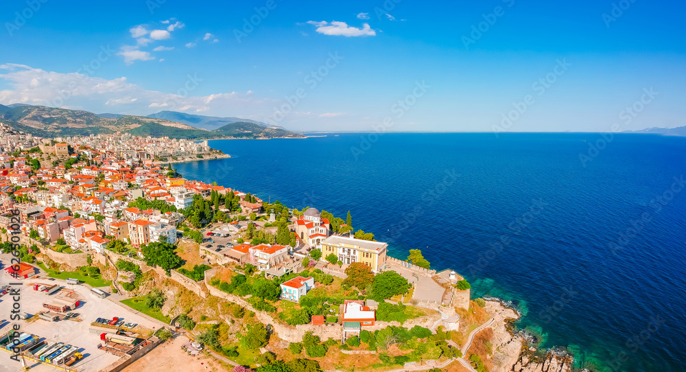 Aerial view of old town and Aegean sea in Kavala, Macedonia, Greece