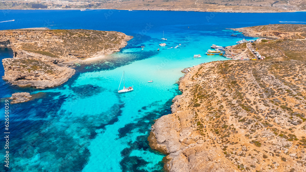 View of Blue Lagoon paradise Malta, Europe. Azure sea, Comino island