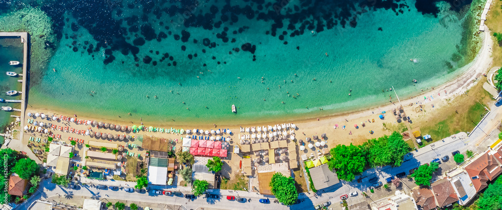 Aerial view of sand beach in Limenas, Thassos island, Greece, Europe.