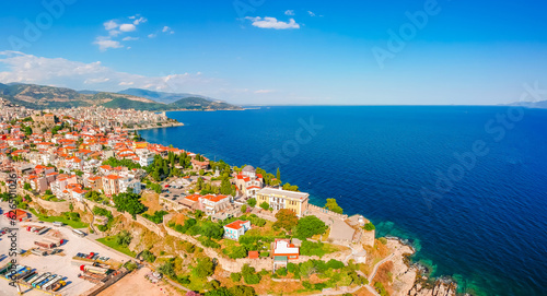 Aerial view of old town and Aegean sea in Kavala, Macedonia, Greece