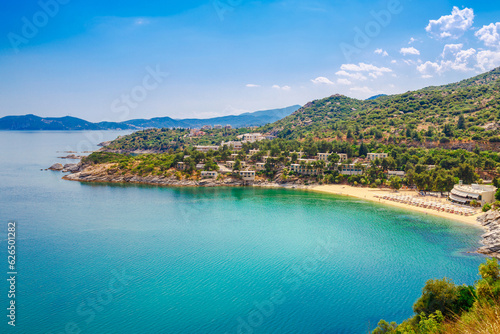 Fototapeta Naklejka Na Ścianę i Meble -  Panorama of Tosca sand beach and blue water near Kavala, Greece, Europe
