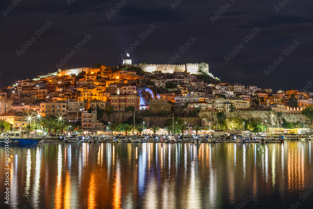 Old town, castle, sea in Kavala, Macedonia, Greece, Europe at night