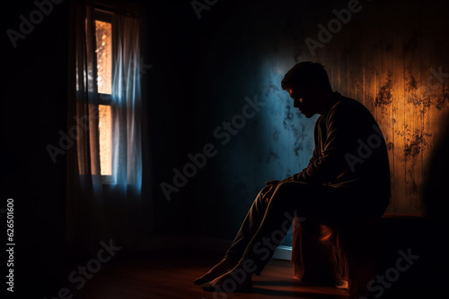 Lonely man silhouette feeling depressed and stressed sitting head in hands in the dark bedroom, Depression and anxiety disorder concept, dark light photography