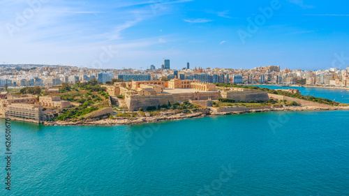 Valletta, Malta island, Europe. Fort Manoel, new city and Mediterranean sea