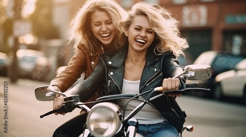Young happy two girls in leather jackets, riding a motorcycle, biker hobbies, concept: partnership, girlfriends or LGBTQ couple. Generative AI