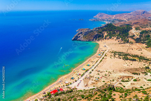 Aerial sea view of Tsambika beach, Rhodes island, Greece, Europe