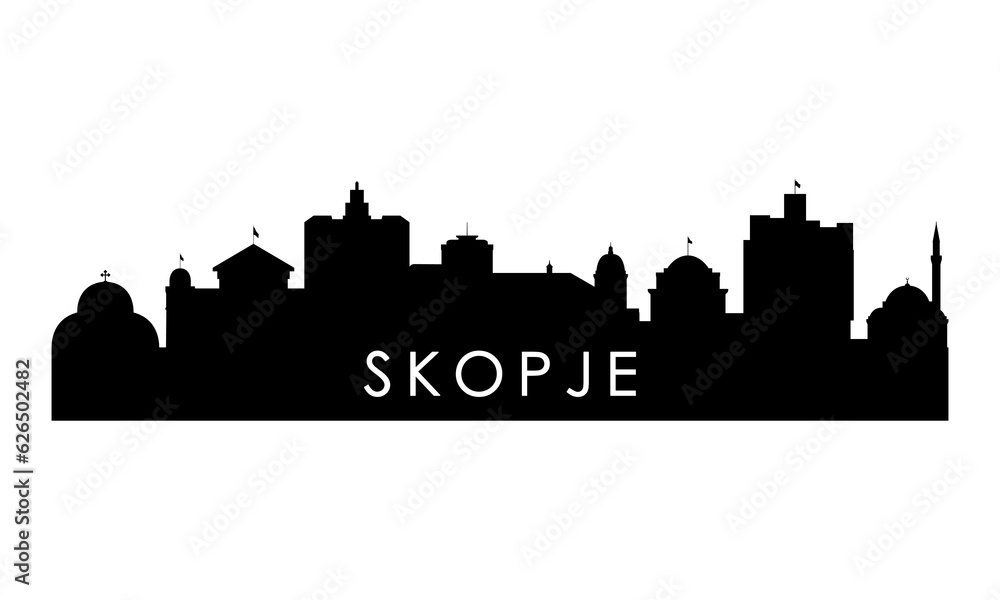 Skopje skyline silhouette. Black Skopje city design isolated on white background.