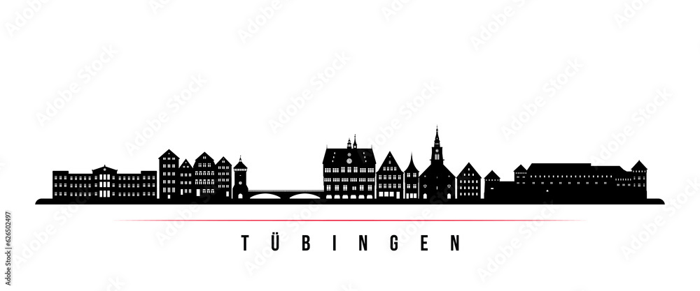 Tubingen skyline horizontal banner. Black and white silhouette of Tübingen, Germany. Vector template for your design.