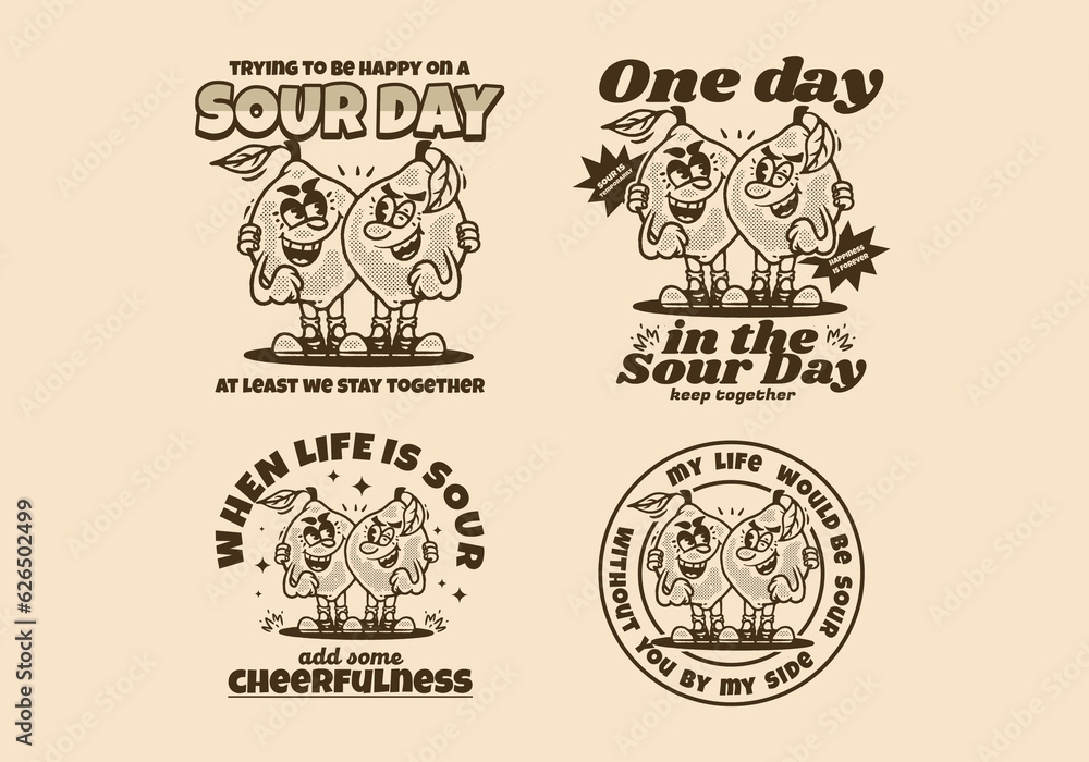 Four t-shirt design of Two lemons mascot character illustration in vintage style Four t-shirt design of Two lemons mascot character illustration in vintage style