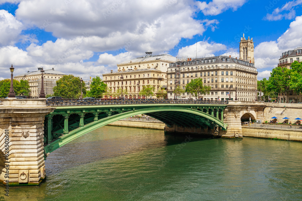 Cityscape with Seine river and bridge in Paris, France, Europe in summer