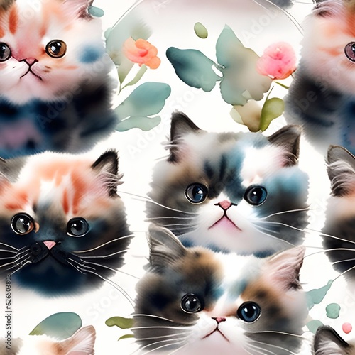 cat watercolor seamless background  Collage contemporary  shapes seamless pattern set design for paper, cover, fabric, interior decorgenerative ai illustration art photo