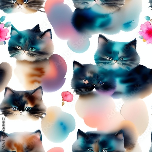 cat watercolor seamless background  Collage contemporary  shapes seamless pattern set design for paper, cover, fabric, interior decorgenerative ai illustration art photo