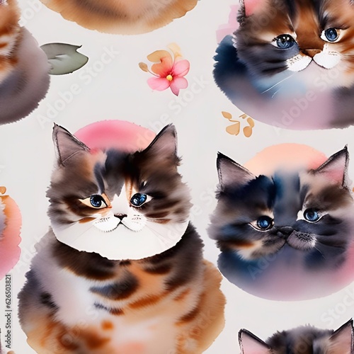 cat watercolor seamless background  Collage contemporary  shapes seamless pattern set design for paper, cover, fabric, interior decorgenerative ai illustration art photo