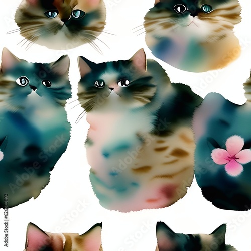 cat watercolor seamless background  Collage contemporary  shapes seamless pattern set design for paper, cover, fabric, interior decorgenerative ai illustration art photo