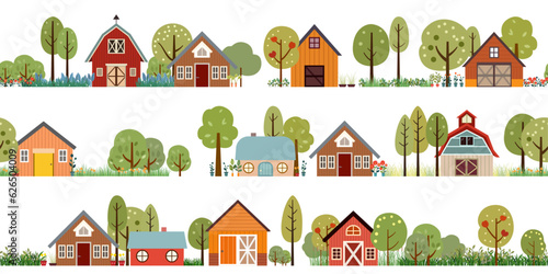 border seamless vector barn farm, house, meadow and tree panoramic landscape scene flat style. village agriculture isolated illustration