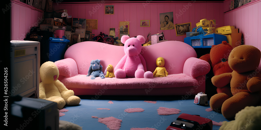  Wide angle view of a room with toys and peluche with pink moquette.