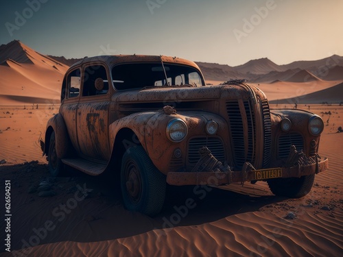 Old rusty retro car in desert, AI generated © Mystery