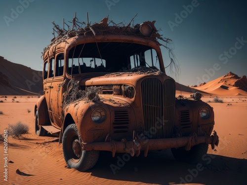 Old rusty retro car in desert, AI generated