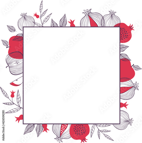 Rosh Hashanah frame with   with hand drawn pomegranate branches, apple and traditional icons. Jewish New Year, rosh hashanah 