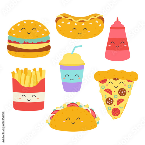 set of funny fast food characters isolated on white