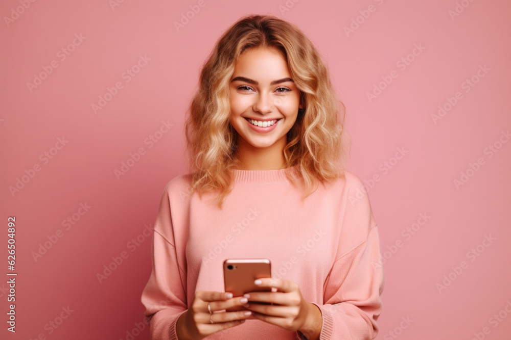 Positive woman smiling while using smartphone isolated over pink background