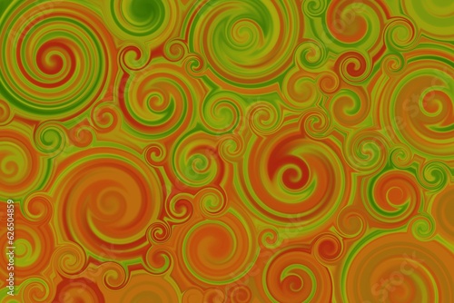 Green-red-orange background, decorative spiral pattern