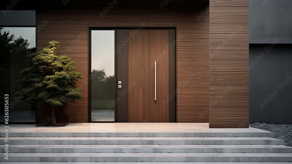 Fototapeta premium What better way to enter your perfect home than through a modern clear wooden door. Generative AI Technology