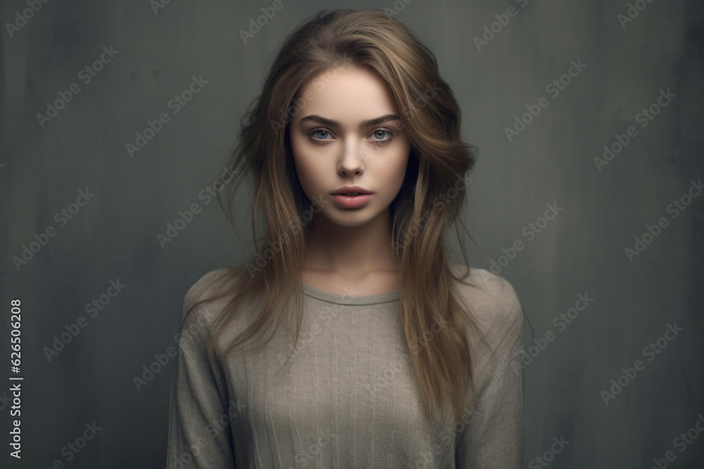 Portrait of beautiful young woman standing on grey background