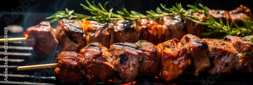 Roasted pieces of lamb on a skewer close-up
