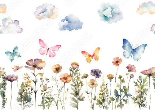 Vector watercolor painted meadow flowers. Horizontal seamless pattern isolated on white background