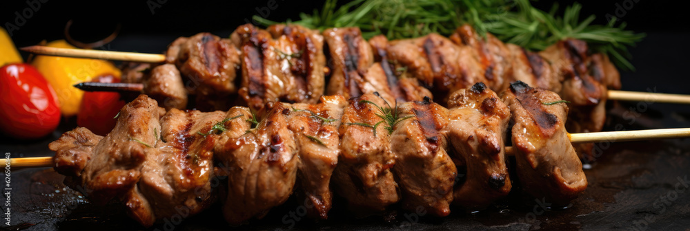 Roasted pieces of lamb on a skewer close-up