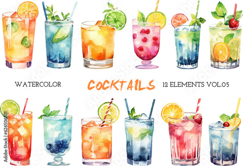 Vector watercolor painted cocktails clipart. Hand drawn design elements isolated on white background. © vasabii